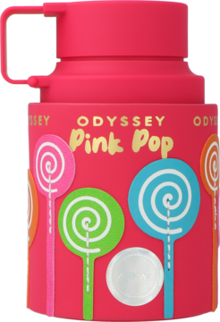 Różowa butelka Armaf Odyssey Pink Pop, woda perfumowana damska, z kolorowymi wzorami lollipopsów, widok z przodu.