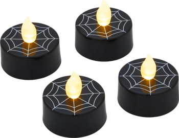 Zestaw czterech czarnych świeczek LED tealight z białą pajęczyną i migoczącym żółtym płomieniem, widok z góry.