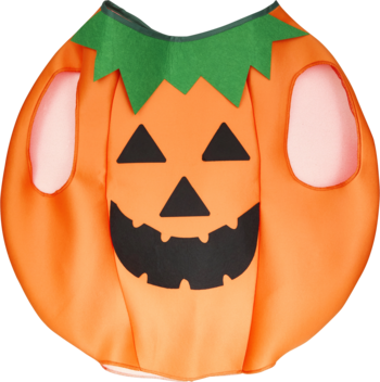 Kostium dyni dla dzieci, pomarańczowa narzutka z czarnym uśmiechniętym pyszczkiem i zieloną łodygą na Halloween.