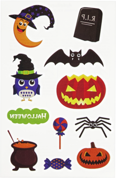 Zestaw Halloween: uśmiechnięty księżyc w kapeluszu, dynia jack-o'-lantern, sowa, nietoperz, pająk, cukierek i kociołek z eliksirem.