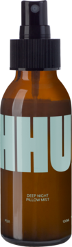 Bursztynowa butelka HHU Deep Night Pillow Mist 100ml z czarnym sprayem, widok z przodu. Zapach ylang ylang.