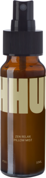 Brązowa butelka HHU Zen Relax Pillow Mist z zieloną herbatą, miętą i eukaliptusem, widok z przodu.