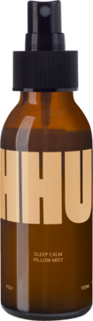 Bursztynowa butelka HHU Sleep Calm Pillow Mist 100ml z czarnym atomizerem, widok z przodu, napisy HHU.