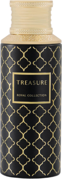 Czarna butelka Maison Asrar Treasure woda perfumowana unisex, złote orientalne wzory, złoty korek.