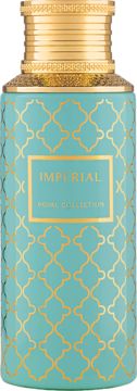 Maison Asrar Imperial perfumy w tealowej butelce ze złotym marokańskim wzorem i złotą nakrętką, widok z przodu.