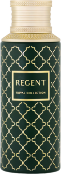 Maison Asrar Regent unisex woda perfumowana. Ciemnozielona butelka ze złotym wzorem, napis REGENT i złoty korek.