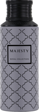 Maison Asrar Majesty, woda perfumowana unisex, szara butelka z czarnym wzorem i napisem, widok z przodu.