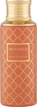 Pionowy flakon wody perfumowanej Maison Asrar Monarch, koralowy, złoty wzór i etykieta, złota zakrętka.