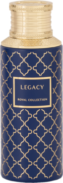 Maison Asrar Legacy EDP unisex: granatowa butelka ze złotym arabskim wzorem, etykietą i złotą nakrętką.