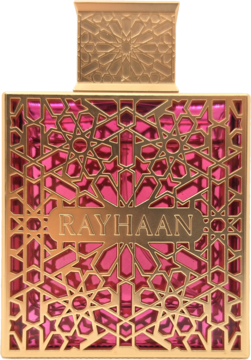 Woda perfumowana Rayhaan Kiss w złoto-różowej butelce z ażurowym, geometrycznym wzorem, widok z przodu.