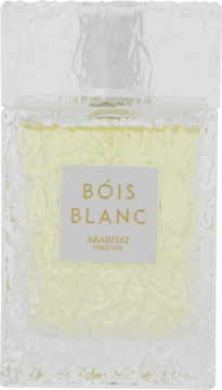 Woda perfumowana unisex Arabiyat Prestige Bóis Blanc w szklanej butelce z unikatową teksturą, widok z przodu.