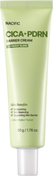 NACIFIC CICA+PDRN Barrier Cream w jasnozielonej tubce z białą nakrętką. Widok z przodu, opisuje nawilżenie i barierę.