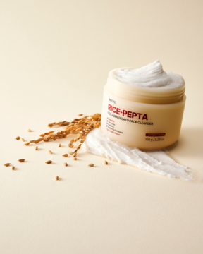 Nacific Rice Pepta Collagen Gelato Cleanser w beżowym słoiku, otwarty z ryżem i kremową smugą na jasnym tle.