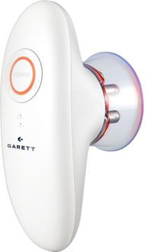Garett Beauty Perfect Body, biały masażer próżniowy do ciała z przyssawką i przyciskiem release, widok z boku.
