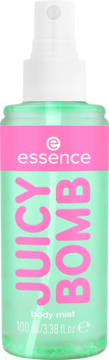 Zielona butelka essence JUICY BOMB body mist z różowym, pionowym napisem, widok z przodu, biały atomizer, 100ml.
