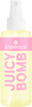 Mgiełka do ciała essence JUICY BOMB Pineapple Paradise, żółta butelka z białym sprayem i różowym napisem.