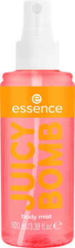 essence JUICY BOMB tropical drop 110 Mango Mellow body mist, różowa butelka z pomarańczową etykietą, widok z przodu.