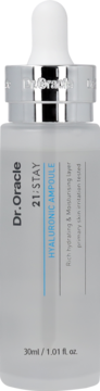 Dr. Oracle 21;STAY Hyaluronic Ampoule w matowej, szklanej butelce z białą pipetą, widok z przodu. Nawilżające serum 30ml.