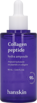 Fioletowa ampułka Hanskin Collagen Peptide 90ml, z białą zakrętką z kroplomierzem, widok z przodu.