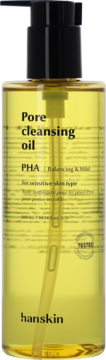 Hanskin Pore Cleansing Olejek Oczyszczający Pory PHA, butelka z pompką, dla cery wrażliwej, widok z przodu.