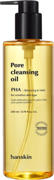 Hanskin Pore Cleansing Oil PHA 200ml, przezroczysta butelka z żółtym płynem i czarną pompką, widok z przodu.