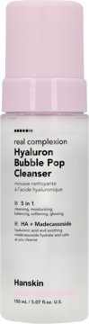 Hanskin Hyaluron Bubble Pop Cleanser, biała butelka z różową pompką, widok z przodu, pojemność 150ml.