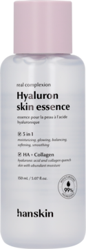 Hanskin Hyaluron Skin Essence 150ml. Biała butelka z różową nakrętką, esencja z kwasem hialuronowym, widok z przodu.
