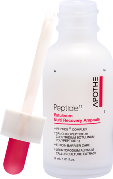Apothe Peptide 11 Botulinum Multi Recovery Ampoule, biała butelka z wyciągniętą pipetą, widok z boku.