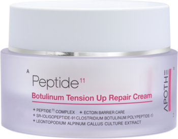 Biały słoiczek kremu Apothe Peptide 11 Botulinum Tension Up Repair Cream, ze srebrnym paskiem i fioletową podstawą.