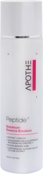 Biała butelka Apothe Peptide 11 Botulinum Essence Emulsion z różowym tekstem, widok z przodu, pionowe logo.