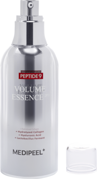 MEDI PEEL+ Peptide 9 Volume Essence, srebrna butelka z pompką, przód i odkręcona zakrętka, widok.