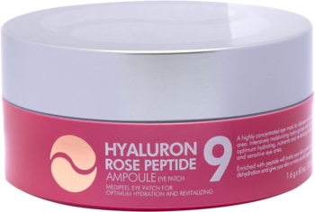 Medi-Peel Hyaluron Rose Peptide 9 Ampoule Eye Patch w różowo-srebrnym słoiczku, zbliżenie na przód opakowania.