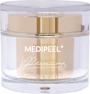 Medi-Peel Premium Golden Camellia Wrinkle Cream w przezroczystym, okrągłym szklanym słoiku ze złotą pokrywką, widok z przodu.