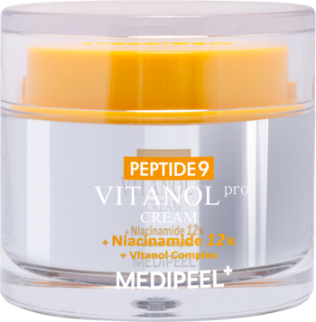 Medi-Peel Peptide 9 Vitanol Cream Pro z Niacinamide 12% i peptydami w szklanym słoiku z pomarańczową nakrętką, widok z przodu.