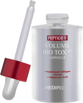 MEDI-PEEL PEPTIDE9 Volume Bio Tox Pro ampoule, srebrna butelka z pipetą, widok przód, dla skóry dojrzałej.