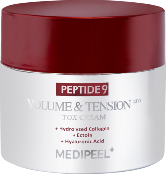 Medi-Peel Peptide 9 Volume & Tension Tox Cream Pro, krem przeciwstarzeniowy w srebrnym słoiku, z czerwoną nakrętką.