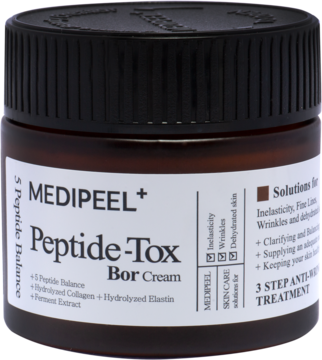 MEDIPEEL+ Peptide-Tox Bor Cream, krem ujędrniający w brązowym słoiczku z czarną nakrętką, widok z przodu.