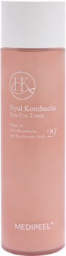 Medi-Peel Hyal Kombucha Tea-Tox Toner w peachy-różowej butelce z białym korkiem, widok z przodu.