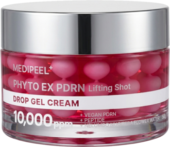 MEDIPEEL+ Phyto EX PDRN Lifting Shot Drop Gel Cream. Słoik z różowymi kropelkami w żelu, widok z przodu.