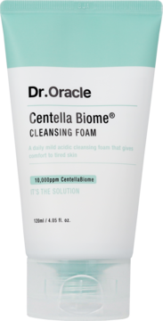 Dr. Oracle Centella Biome pianka oczyszczająca 10,000ppm, biała tuba z miętową zakrętką, widok z przodu.