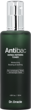 Dr.Oracle Antibac Derma Refining Toner, ciemnozielona butelka z srebrną pompką. Nawilża, testowany, widok z przodu.