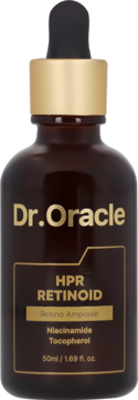 Dr.Oracle HPR RETINOID Retino Ampoule z Niacinamidem, ciemnobrązowa szklana butelka ze złotą pipetą, widok z przodu.