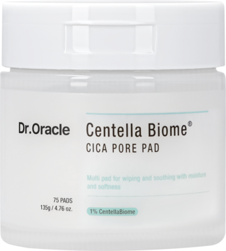 Dr.Oracle Centella Biome Cica Pore Pad, białe okrągłe opakowanie z płatkami tonizującymi, widok z przodu.