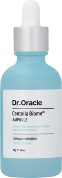 Nawilżająca ampułka Dr. Oracle Centella Biome w niebieskiej butelce z dropperem, widok z przodu na białą etykietę.