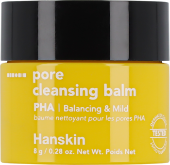 Żółty słoiczek Hanskin Pore Cleansing Balm PHA z czarną nakrętką, 8g, widok z przodu. Delikatnie oczyszcza pory.