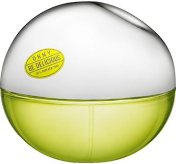 DKNY Be Delicious EDP, zielony flakon perfum w kształcie jabłka, ze srebrną nakrętką i żółtą etykietą logo.