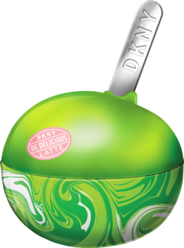 DKNY Be Delicious Latte Matcha, zielona, kulista woda perfumowana z różową etykietą i srebrnym aplikatorem.