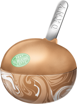 Perfumy DKNY Be Delicious Latte Pistachio: okrągła brązowa butelka z marmurkowym dołem, srebrna łyżka-aplikator DKNY.
