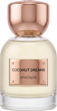 Ekstrakt perfum Mykonos Coconut Dreams w szklanej butelce, różowozłoty korek i etykieta, widok z przodu.