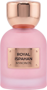 ROYAL ISPAHAN MYKONOS, różowe perfumy damskie, matowy flakon z różowozłotym korkiem i etykietą, widok frontalny.